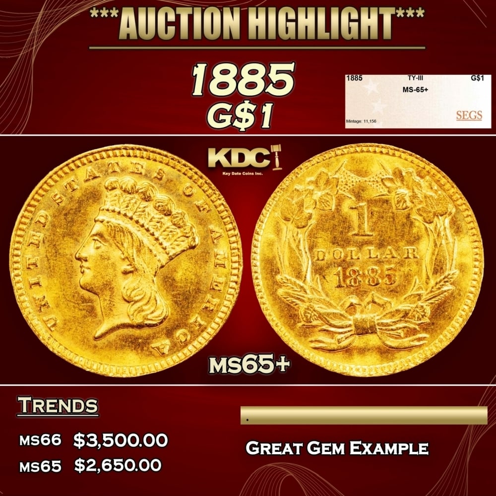 1885 Gold Dollar $1 ms65+ SEGS: 1885 Gold Dollar $1 ms65+ SEGS. 0 Historic precious metal trends is causing increased spot pricing by the day. On auctions with set openings, we are doing our best to have items priced at their market