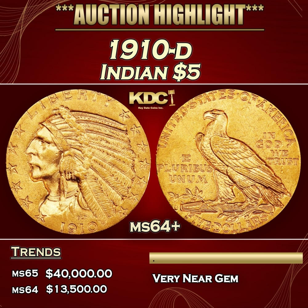 1910-d Gold Indian Half Eagle $5 ms64+ USCG (1 of 3)