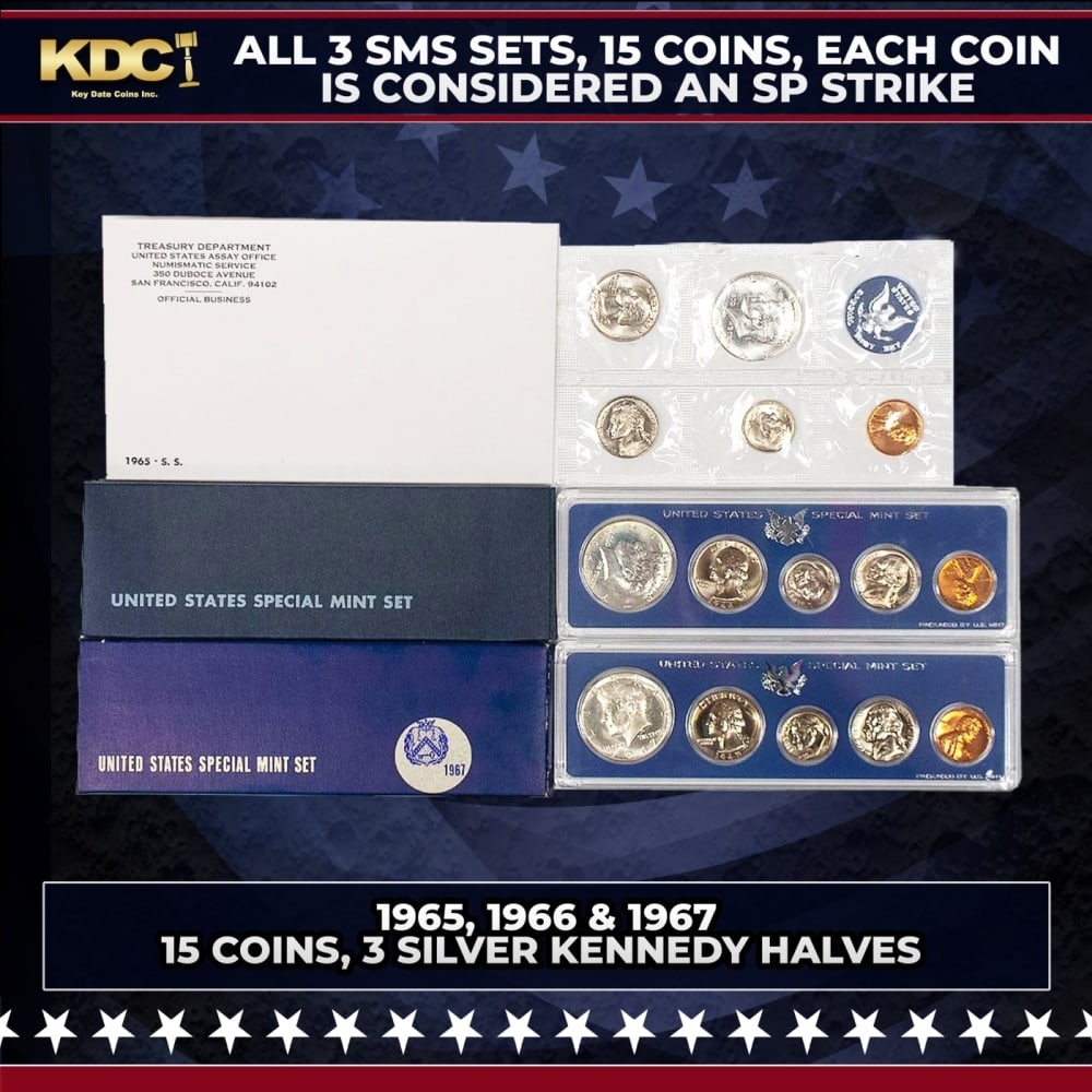 Group of 3 United States Special Mint Set in Original Government Packaging! From 1965-1967 with 15: Group of 3 United States Special Mint Set in Original Government Packaging! From 1965-1967 with 15 Coins Inside!. In response to a nationwide shortage of coinage, the Treasury Department