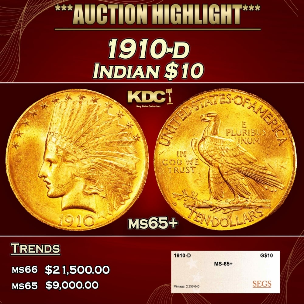1910-d Gold Indian Eagle $10 ms65+ SEGS: 1910-d Gold Indian Eagle $10 ms65+ SEGS. 0 Historic precious metal trends is causing increased spot pricing by the day. On auctions with set openings, we are doing our best to have items