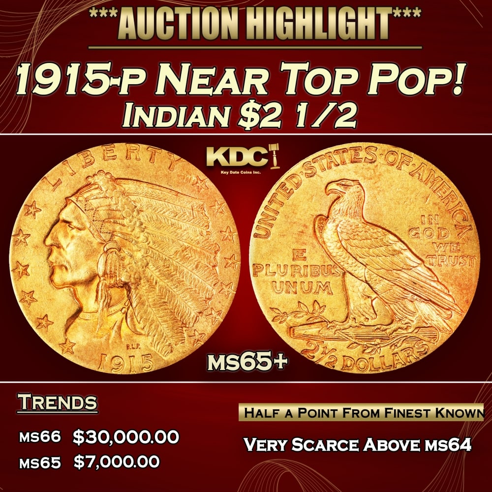 1915-p Gold Indian Quarter Eagle Near Top Pop! $2 1/2 ms65+ USCG: 1915-p Near Top Pop! Gold Indian Quarter Eagle $2 1/2 ms65+ USCG. The 1915 survives in great numbers through MS64, but like most other issues in Bela Lyon Pratt's Indian quarter eagle series, the popu