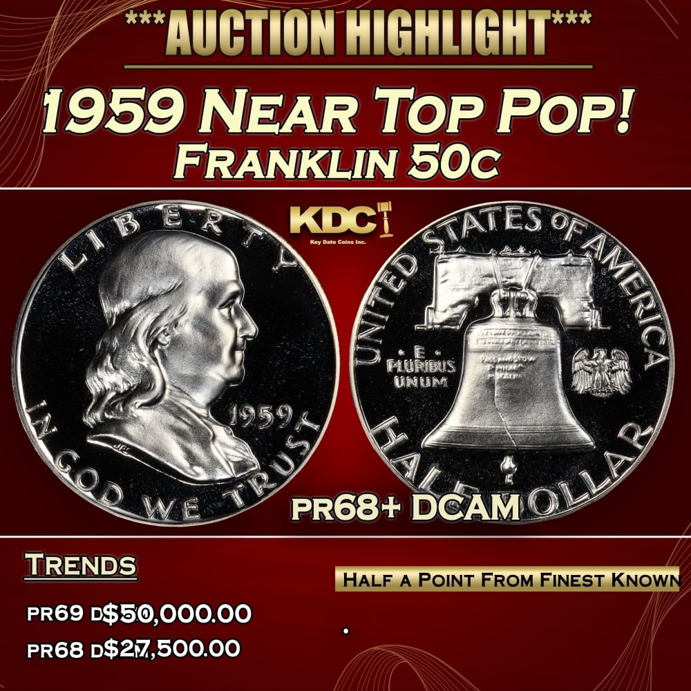 1959 Proof Franklin Half Dollar Near Top Pop! 50c pr68+ DCAM SEGS: 1959 Near Top Pop! Franklin Half Dollar 50c pr68+ DCAM SEGS. Historic precious metal trends is causing increased spot pricing by the day. On auctions with set openings, we are doing our best to have i