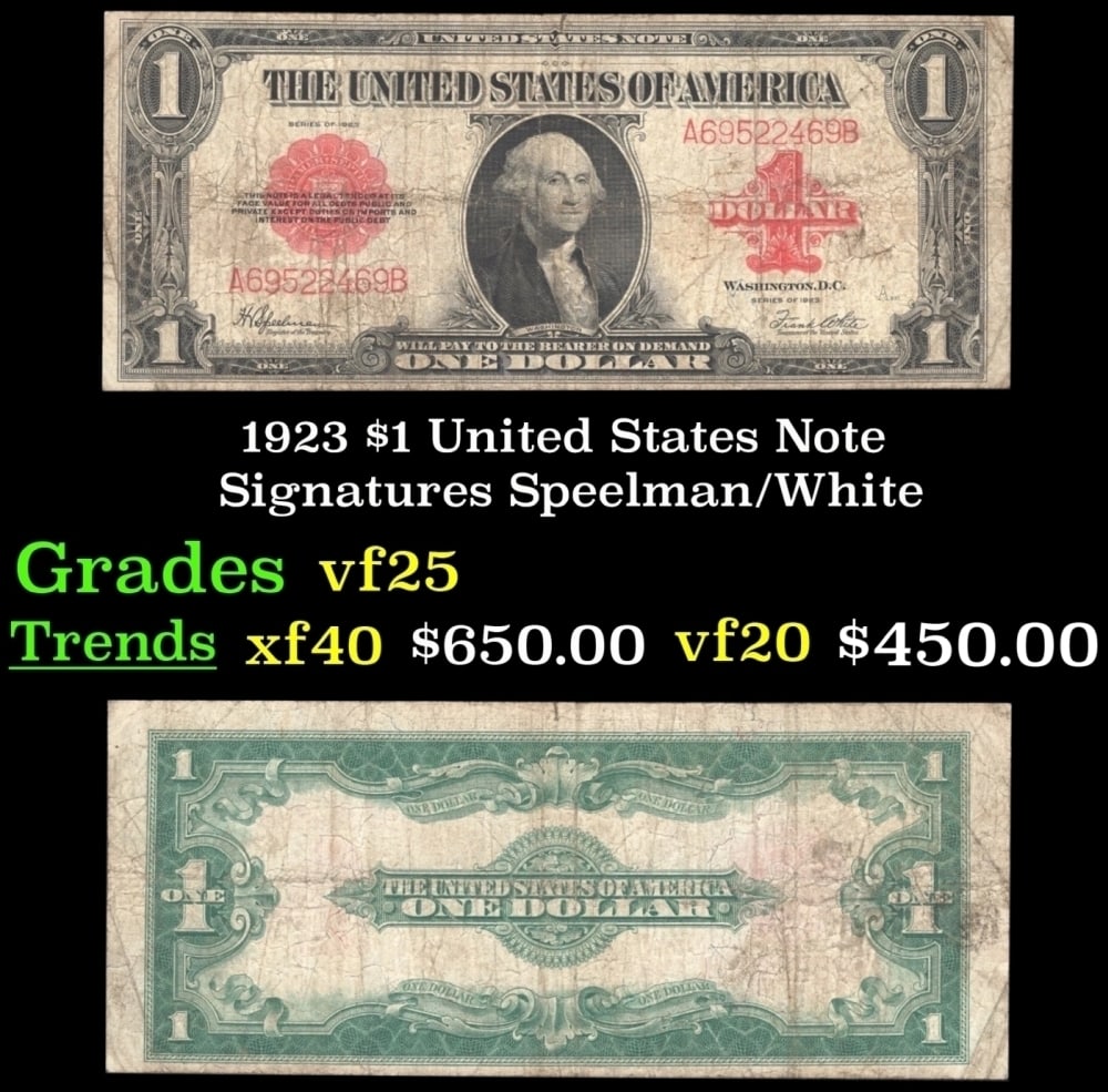 1923 $1 United States Note Grades vf+ Signatures Speelman/White: 1923 $1 United States Note Grades vf+ Signatures Speelman/White. Signatures of Speelman and White. The last of the large-sized U.S. $1 notes! Take a dollar bill out of your wallet and give it a look.