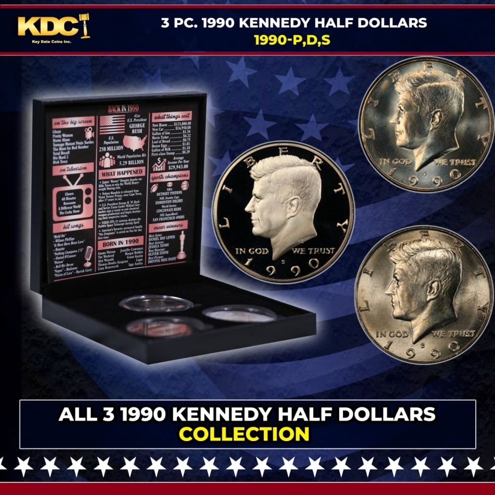 Complete 3 PC. 1990 Kennedy Half Dollar 50c set In Custom Box W/ Special Backer Card BU & Proof (1 of 7)