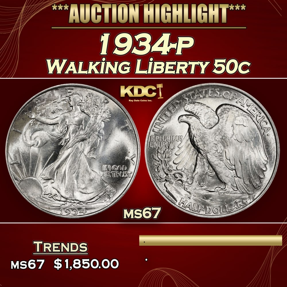 1934-p Walking Liberty Half Dollar 50c ms67 SEGS (1 of 3)