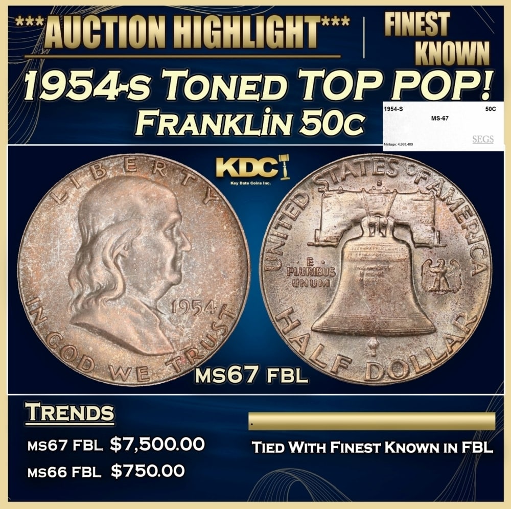 1954-s Franklin Half Dollar Toned TOP POP! 50c ms67 fbl SEGS (1 of 4)