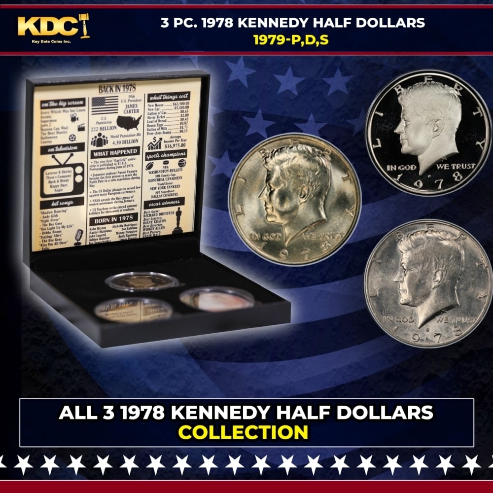 Complete 3 PC. 1978 Kennedy Half Dollar 50c set In Custom Box W/ Special Backer Card BU & Proof (1 of 7)