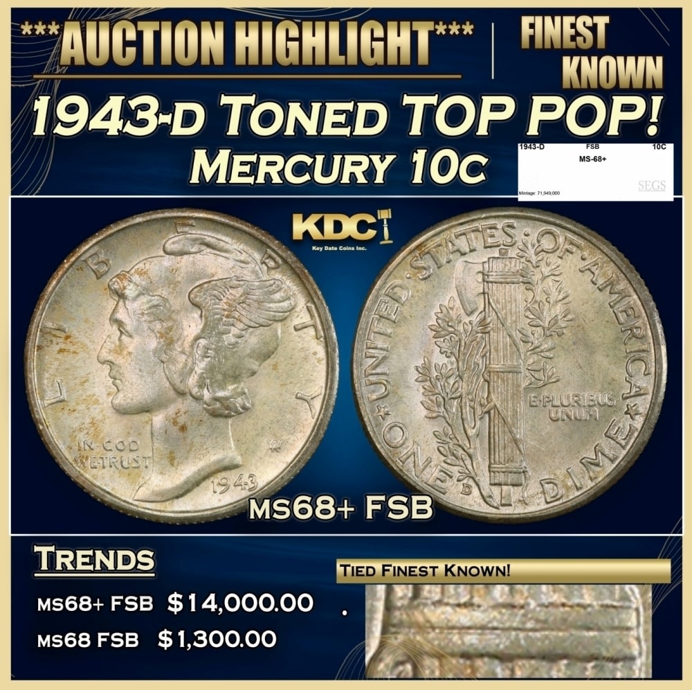 1943-d Mercury Dime Toned TOP POP! 10c ms68+ fsb SEGS: 1943-d Toned TOP POP! Mercury Dime 10c ms68+ fsb SEGS. 0 Historic precious metal trends is causing increased spot pricing by the day. On auctions with set openings, we are doing our best to have items