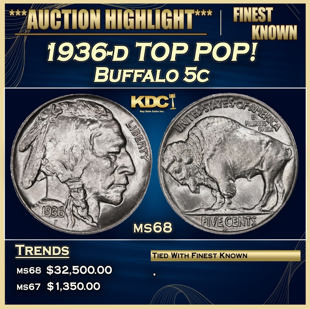 1936-d Buffalo Nickel TOP POP! 5c ms68 SEGS: 1936-d TOP POP! Buffalo Nickel 5c ms68 SEGS. 0 Historic precious metal trends is causing increased spot pricing by the day. On auctions with set openings, we are doing our best to have items priced at