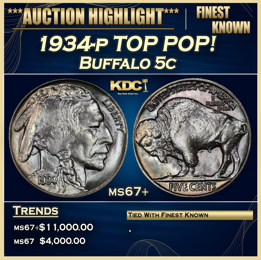 1934-p Buffalo Nickel TOP POP! 5c ms67+ SEGS: 1934-p TOP POP! Buffalo Nickel 5c ms67+ SEGS. 0 Historic precious metal trends is causing increased spot pricing by the day. On auctions with set openings, we are doing our best to have items priced a