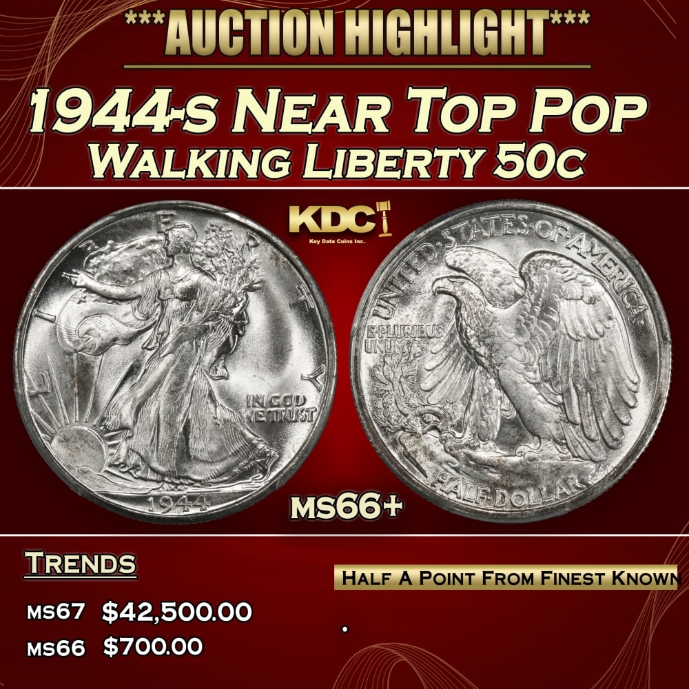 1944-s Walking Liberty Half Dollar Near Top Pop 50c ms66+ SEGS: 1944-s Near Top Pop Walking Liberty Half Dollar 50c ms66+ SEGS. 0 Historic precious metal trends is causing increased spot pricing by the day. On auctions with set openings, we are doing our best to h