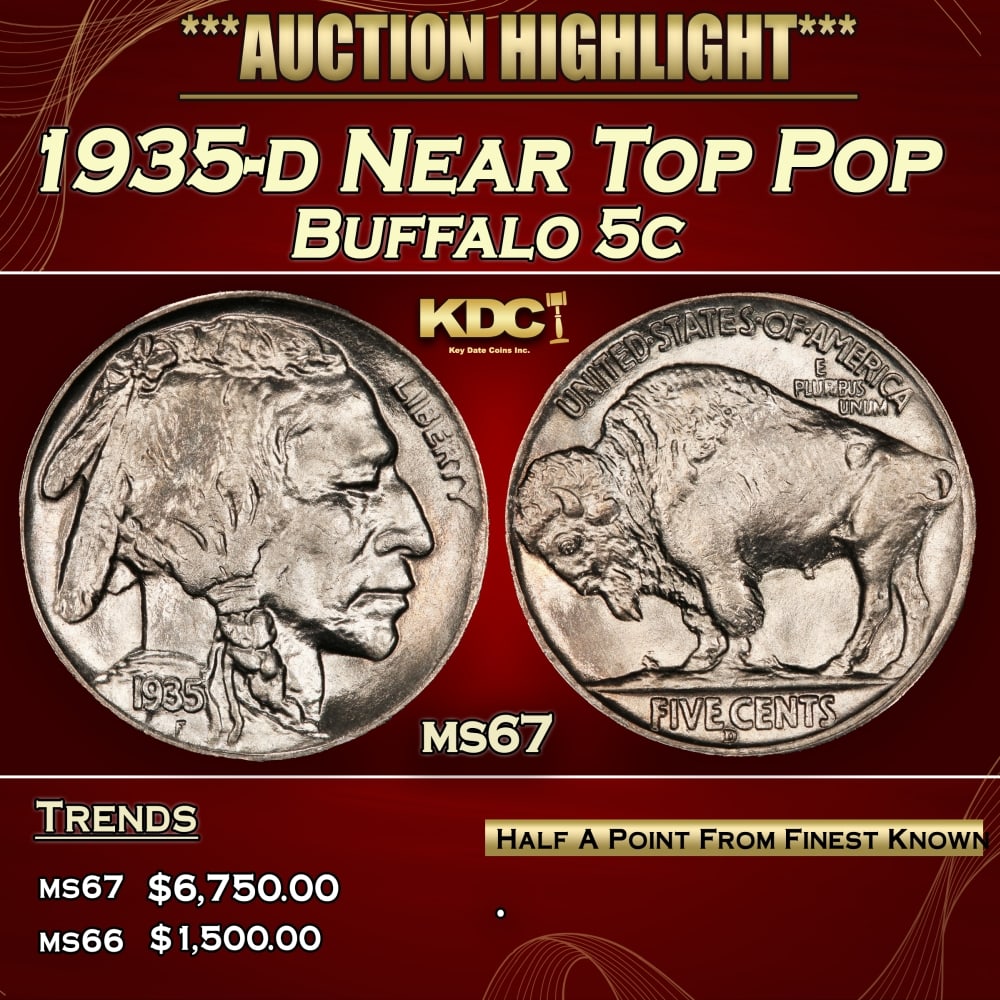 1935-d Buffalo Nickel Near Top Pop 5c ms67 SEGS: 1935-d Near Top Pop Buffalo Nickel 5c ms67 SEGS. 0 Historic precious metal trends is causing increased spot pricing by the day. On auctions with set openings, we are doing our best to have items price