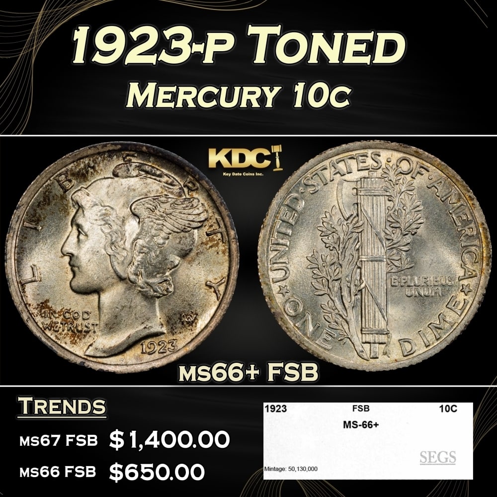 1923-p Mercury Dime Toned 10c ms66+ FSB SEGS (1 of 4)