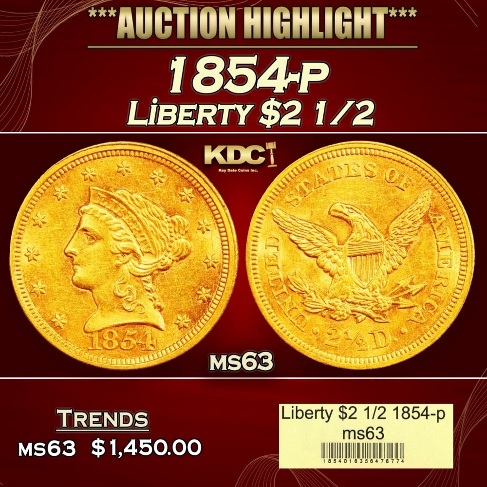 1854-p Gold Liberty Quarter Eagle $2 1/2 ms63 USCG (1 of 4)