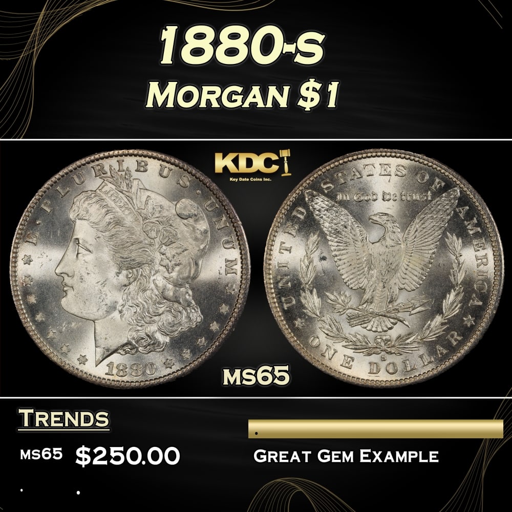 1880-s Morgan Dollar $1 Grades ms65: 1880-s Morgan Dollar $1 Grades ms65. 0 Historic precious metal trends is causing increased spot pricing by the day. On auctions with set openings, we are doing our best to have items priced at their m