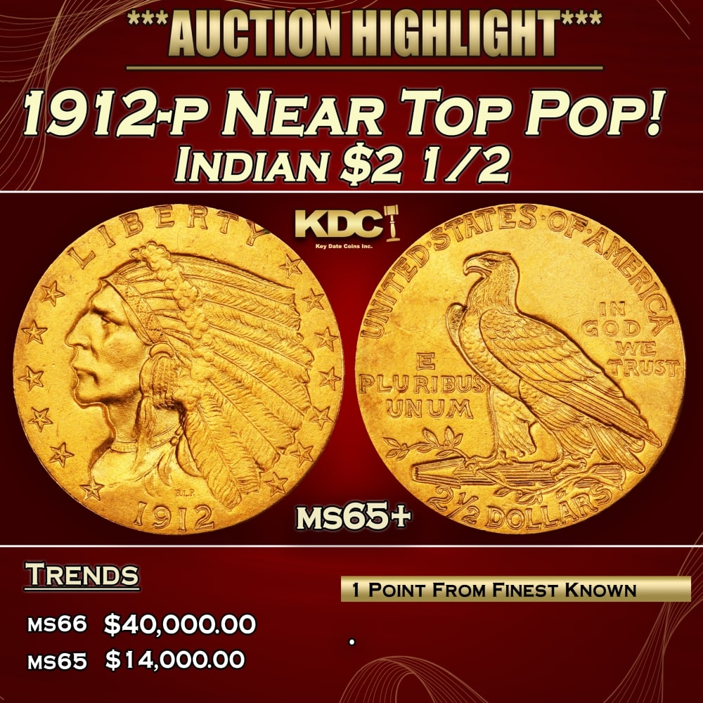 1912-p Gold Indian Quarter Eagle Near Top Pop! $2 1/2 ms65+ SEGS: 1912-p Near Top Pop! Gold Indian Quarter Eagle $2 1/2 ms65+ SEGS. Many Indian gold specialists consider the 1912 quarter eagle to be underrated in Gem and better condition. The spotlight is usually ho