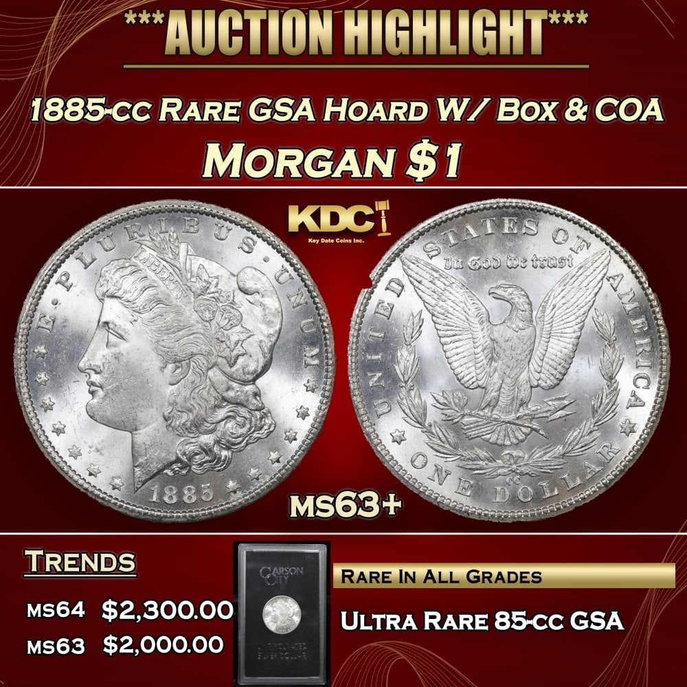 1885-cc Morgan Dollar Rare GSA Hoard W/ Box & COA $1 Grades n/a: 1885-cc Rare GSA Hoard W/ Box & COA Morgan Dollar $1 Grades n/a. 0 DISCOVERY OF THE GSA HOARDUntil 1964, people in the U.S could redeem silver certificate paper money for silver dollars.In 1963, the H