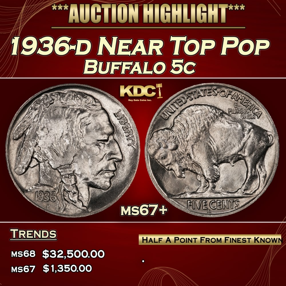 1936-d Buffalo Nickel Near Top Pop 5c ms67+ SEGS (1 of 4)