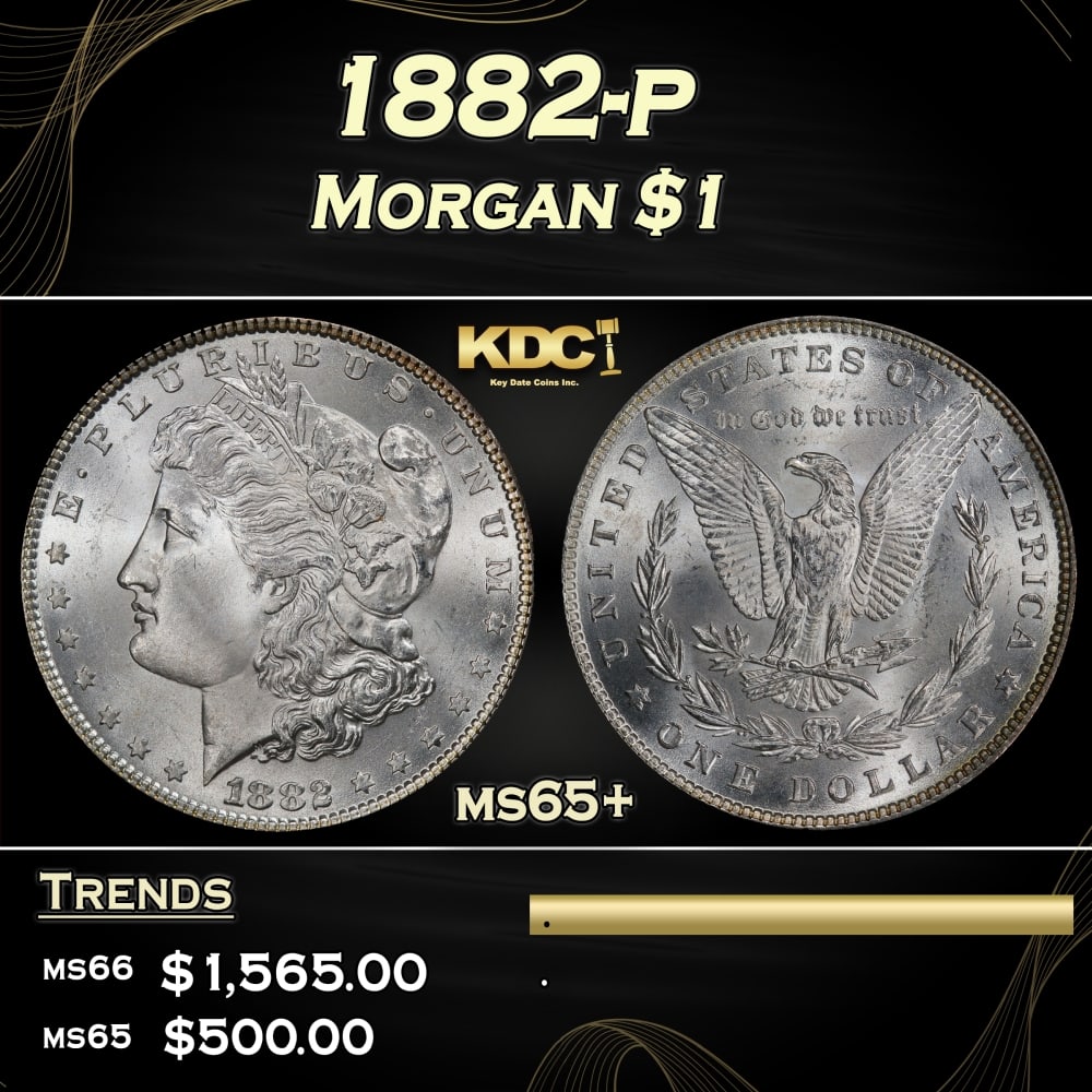 1882-p Morgan Dollar $1 Grades ms65+: 1882-p Morgan Dollar $1 Grades ms65+. 0 Historic precious metal trends is causing increased spot pricing by the day. On auctions with set openings, we are doing our best to have items priced at their