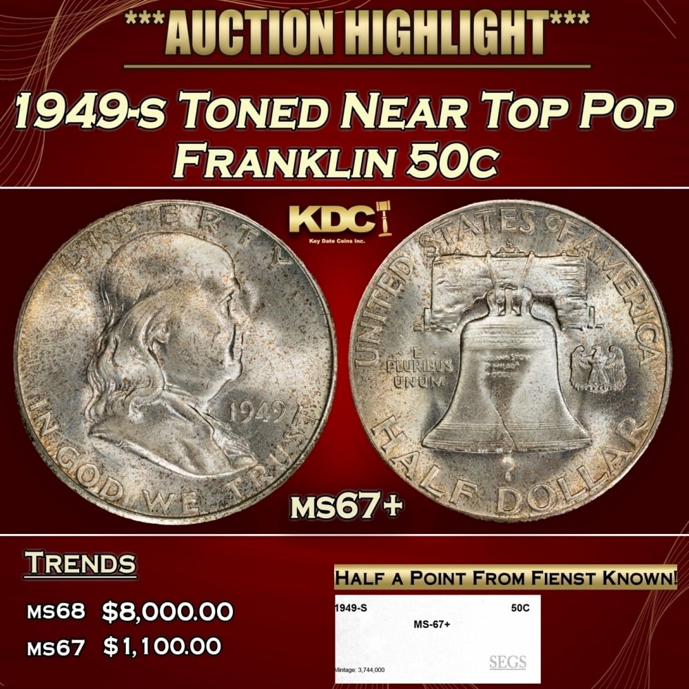 1949-s Franklin Half Dollar Toned Near Top Pop 50c ms67+ SEGS: 1949-s Toned Near Top Pop Franklin Half Dollar 50c ms67+ SEGS. 0 Historic precious metal trends is causing increased spot pricing by the day. On auctions with set openings, we are doing our best to ha