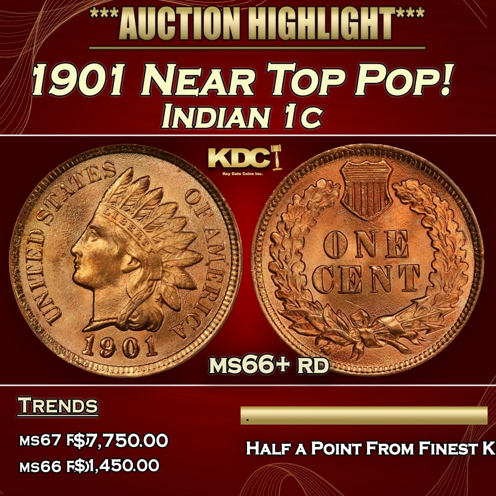 1901 Indian Cent Near Top Pop! 1c ms66+ rd SEGS: 1901 Near Top Pop! Indian Cent 1c ms66+ rd SEGS. 0 Historic precious metal trends is causing increased spot pricing by the day. On auctions with set openings, we are doing our best to have items price