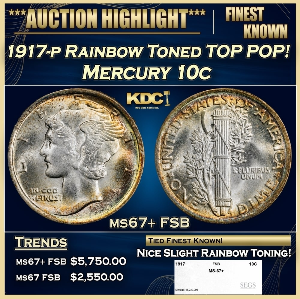 1917-p Mercury Dime Rainbow Toned TOP POP! 10c ms67+ FSB SEGS: 1917-p Rainbow Toned TOP POP! Mercury Dime 10c ms67+ FSB SEGS. 0 Historic precious metal trends is causing increased spot pricing by the day. On auctions with set openings, we are doing our best to ha