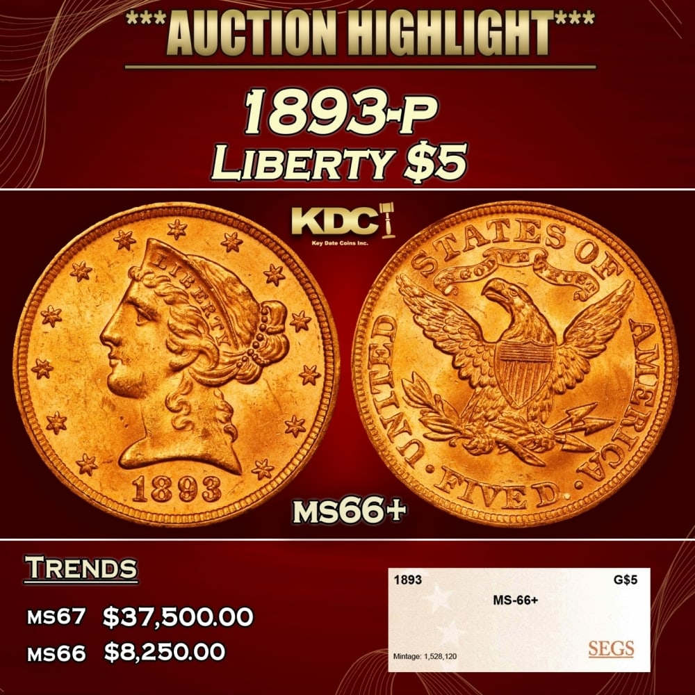1893-p Gold Liberty Half Eagle $5 ms66+ SEGS (1 of 4)
