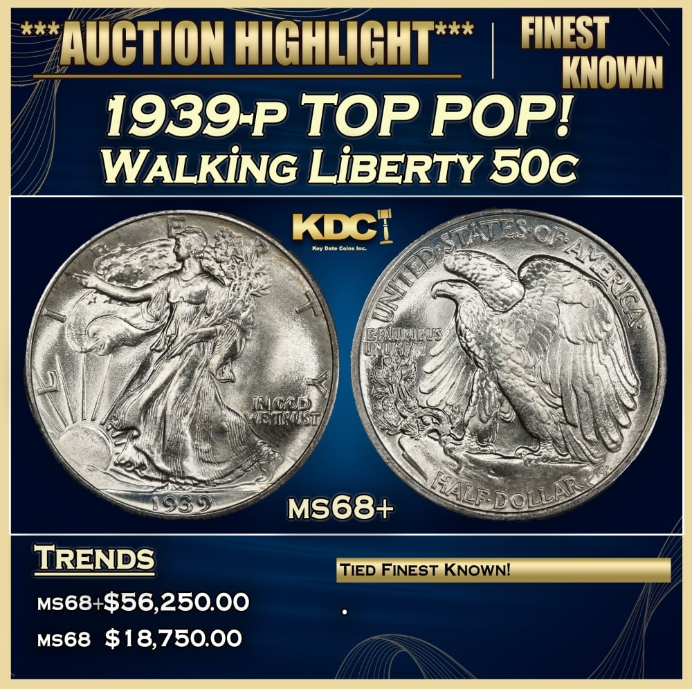 1939-p Walking Liberty Half Dollar TOP POP! 50c ms68+ SEGS: 1939-p TOP POP! Walking Liberty Half Dollar 50c ms68+ SEGS. 0 Historic precious metal trends is causing increased spot pricing by the day. On auctions with set openings, we are doing our best to have