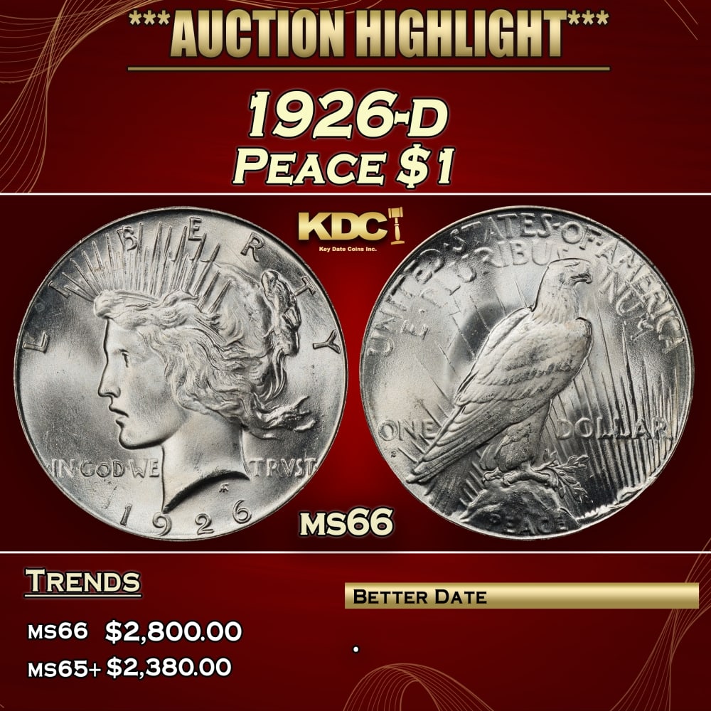 1926-d Peace Dollar $1 ms66 SEGS: 1926-d Peace Dollar $1 ms66 SEGS. 0 Historic precious metal trends is causing increased spot pricing by the day. On auctions with set openings, we are doing our best to have items priced at their mark