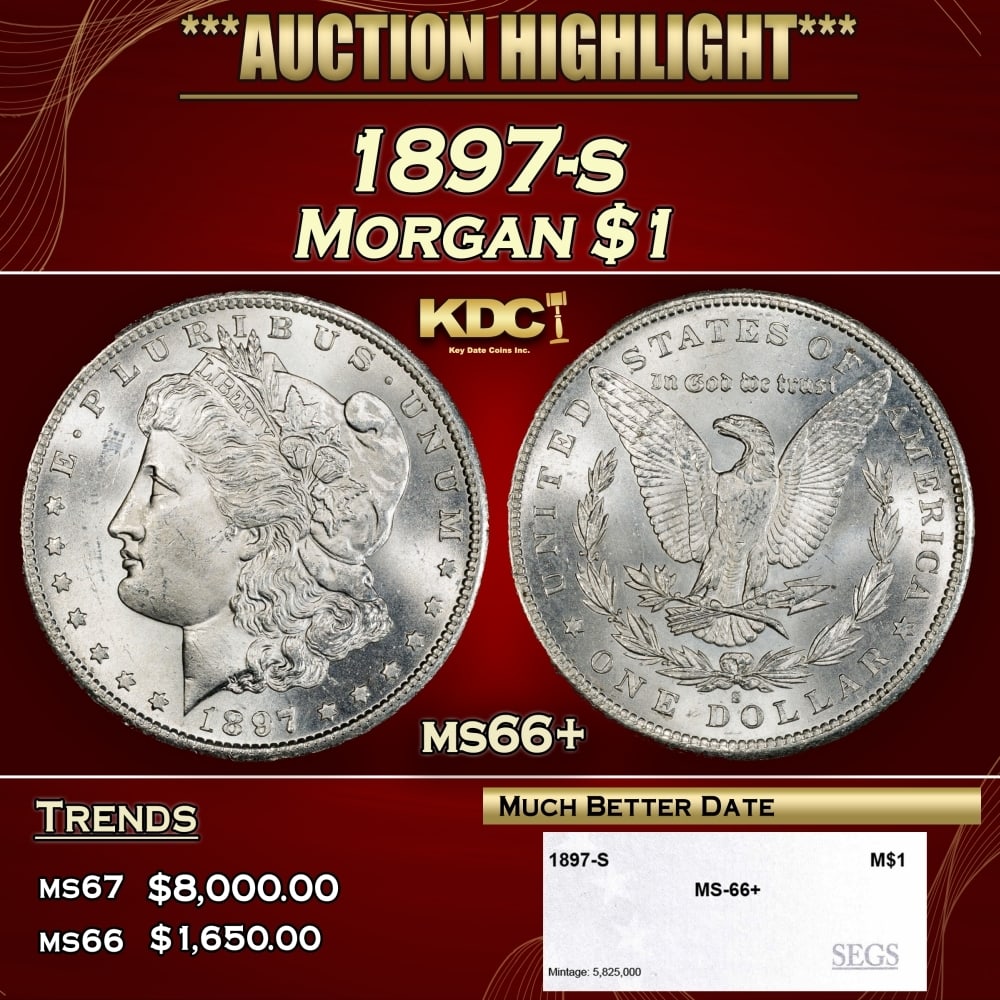 1897-s Morgan Dollar $1 ms66+ SEGS: 1897-s Morgan Dollar $1 ms66+ SEGS. 0 Historic precious metal trends is causing increased spot pricing by the day. On auctions with set openings, we are doing our best to have items priced at their ma