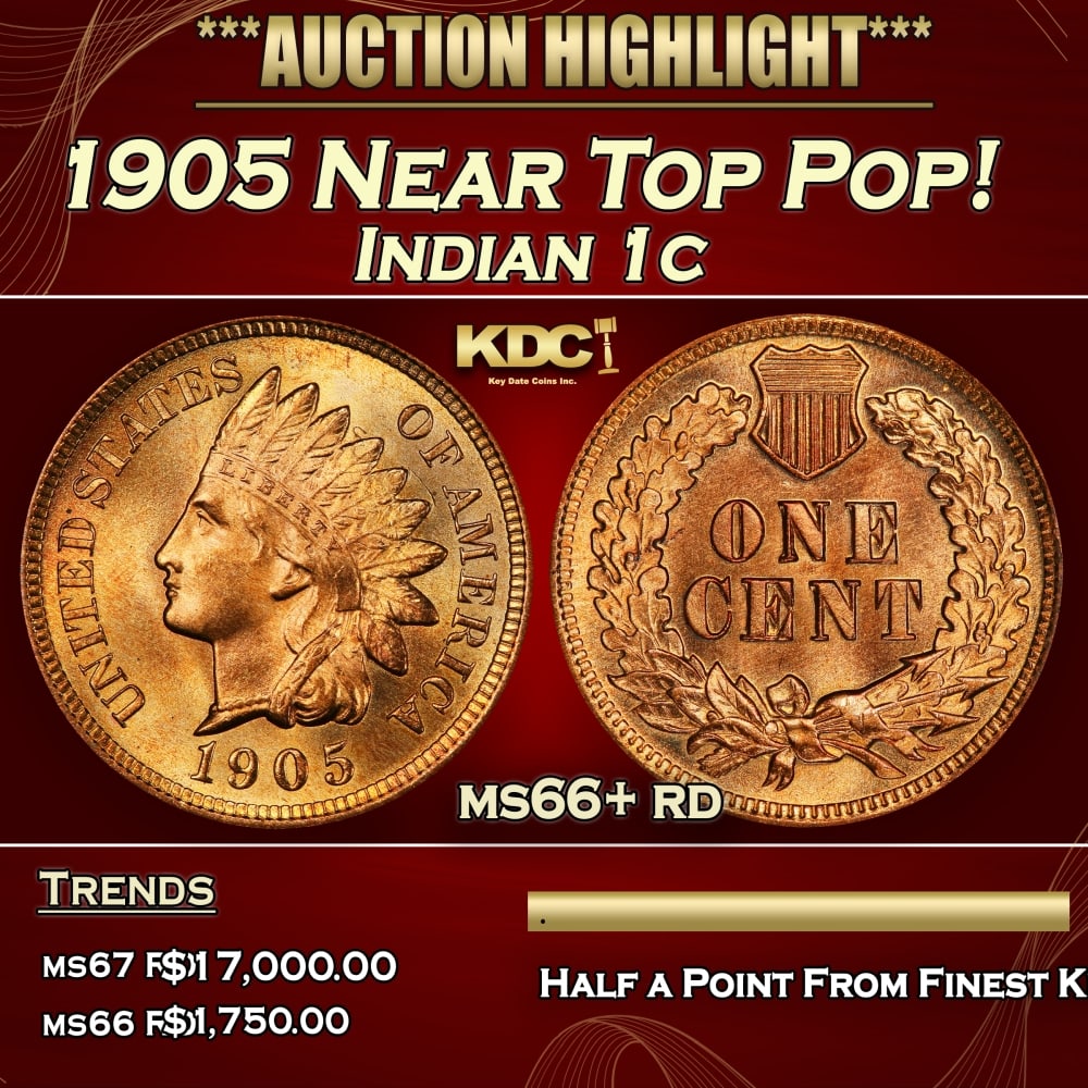 1905 Indian Cent Near Top Pop! 1c ms66+ rd SEGS: 1905 Near Top Pop! Indian Cent 1c ms66+ rd SEGS. 0 Historic precious metal trends is causing increased spot pricing by the day. On auctions with set openings, we are doing our best to have items price