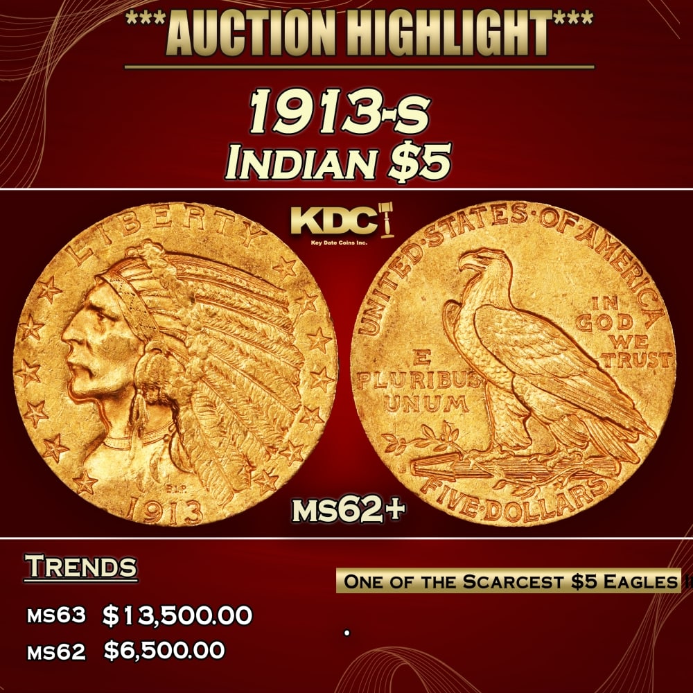 1913-s Gold Indian Half Eagle $5 ms62+ USCG (1 of 3)