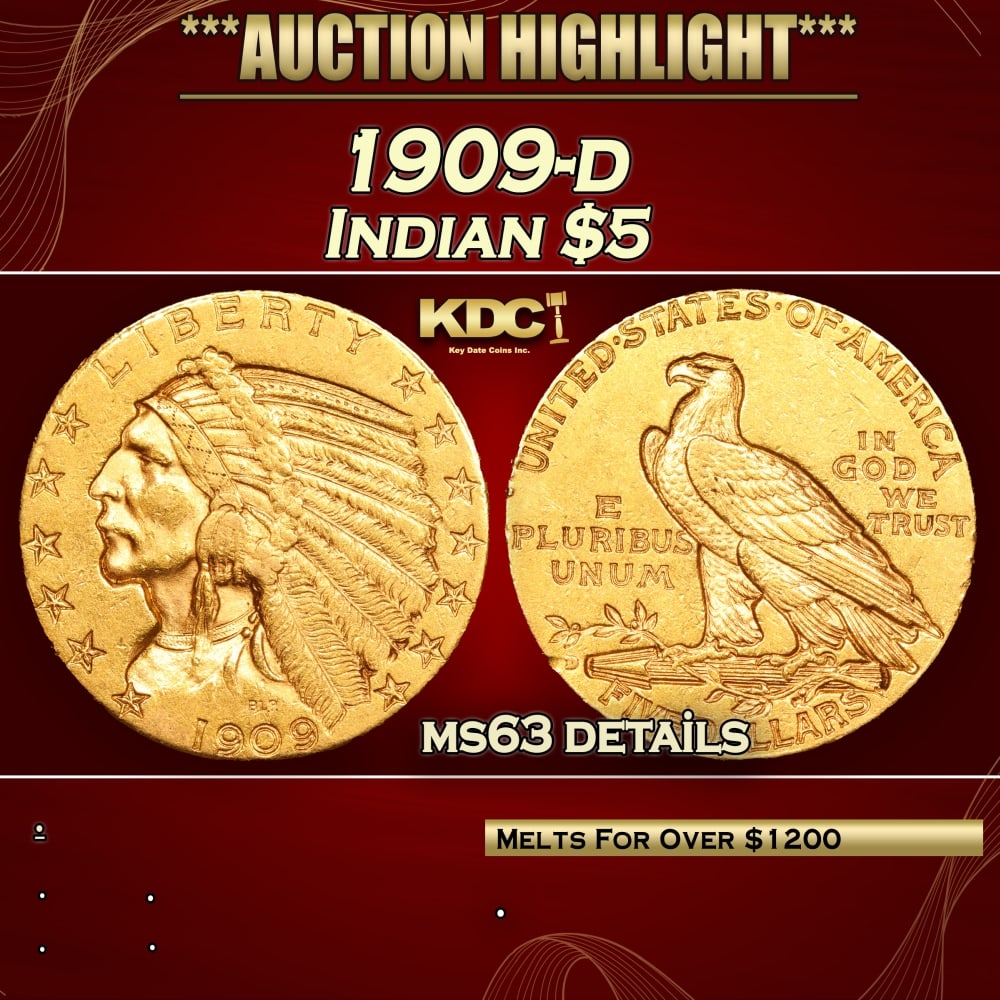 1909-d Gold Indian Half Eagle $5 ms63 details SEGS (1 of 3)
