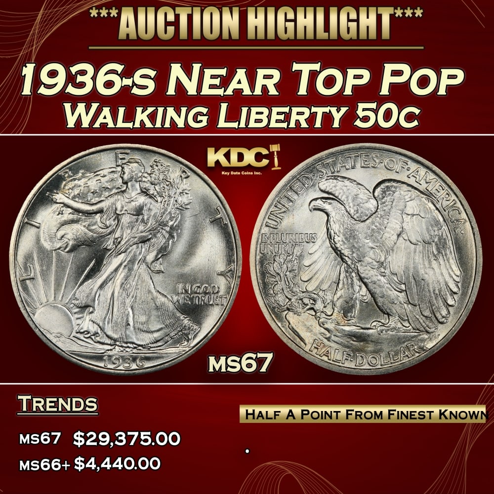 1936-s Walking Liberty Half Dollar Near Top Pop 50c ms67 SEGS: 1936-s Near Top Pop Walking Liberty Half Dollar 50c ms67 SEGS. 0 Historic precious metal trends is causing increased spot pricing by the day. On auctions with set openings, we are doing our best to ha