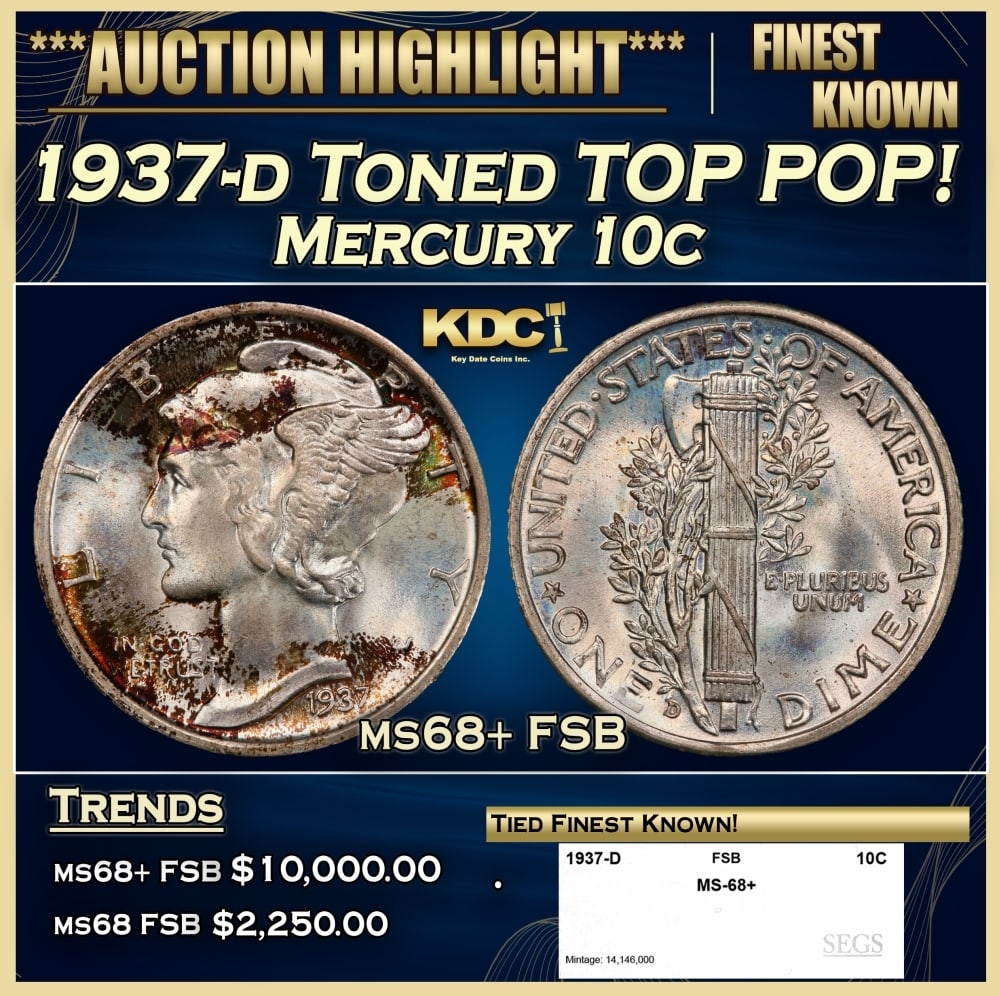 1937-d Mercury Dime Toned TOP POP! 10c ms68+ FSB SEGS: 1937-d Toned TOP POP! Mercury Dime 10c ms68+ FSB SEGS. 0 Historic precious metal trends is causing increased spot pricing by the day. On auctions with set openings, we are doing our best to have items