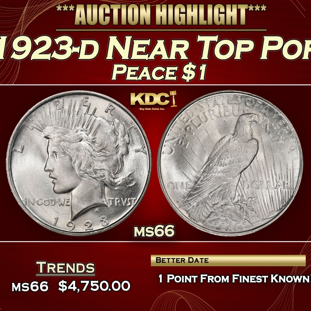 1923-d Peace Dollar Near Top Pop $1 ms66 SEGS: 1923-d Near Top Pop Peace Dollar $1 ms66 SEGS. 0 Historic precious metal trends is causing increased spot pricing by the day. On auctions with set openings, we are doing our best to have items priced