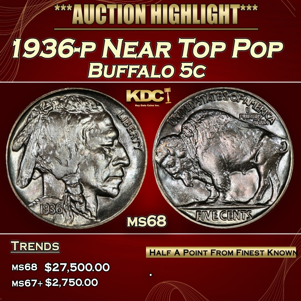 1936-p Buffalo Nickel Near Top Pop 5c ms68 SEGS: 1936-p Near Top Pop Buffalo Nickel 5c ms68 SEGS. 0 Historic precious metal trends is causing increased spot pricing by the day. On auctions with set openings, we are doing our best to have items price