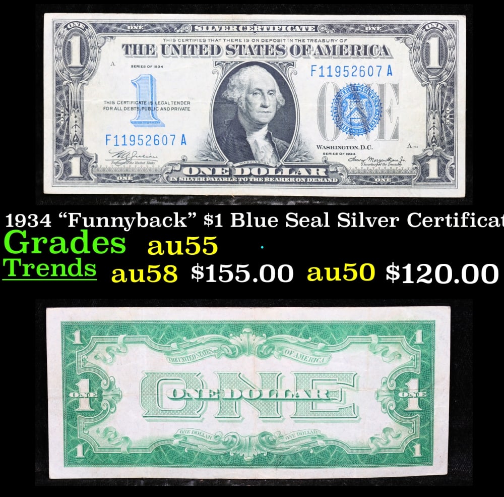 1934 $1 Blue Seal Silver Certificate "Funnyback" Grades Choice AU: 1934 $1 Blue Seal Silver Certificate "Funnyback" Grades Choice AU. FR-1606 Series 1934, signatures Julian-Morgenthau. This note features the familiar portrait of George Washington that was used on all