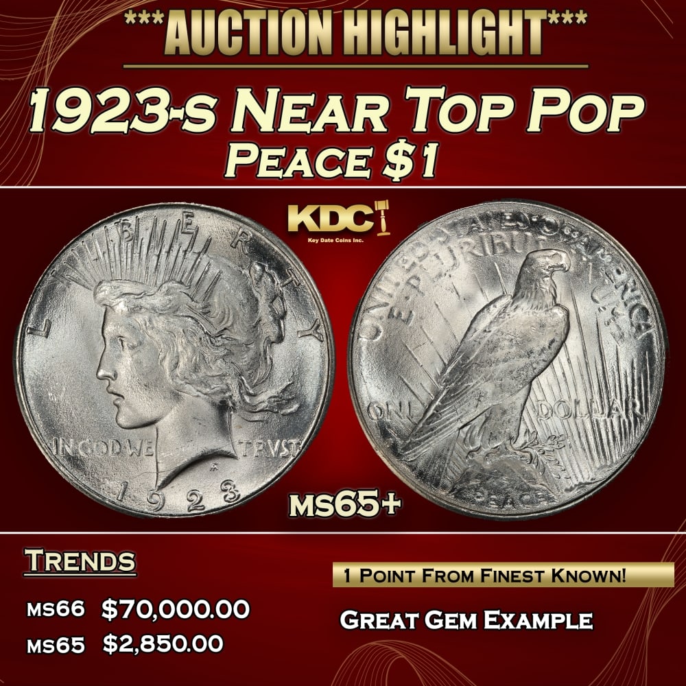 1923-s Peace Dollar Near Top Pop $1 ms65+ SEGS: 1923-s Near Top Pop Peace Dollar $1 ms65+ SEGS. 0 Historic precious metal trends is causing increased spot pricing by the day. On auctions with set openings, we are doing our best to have items priced