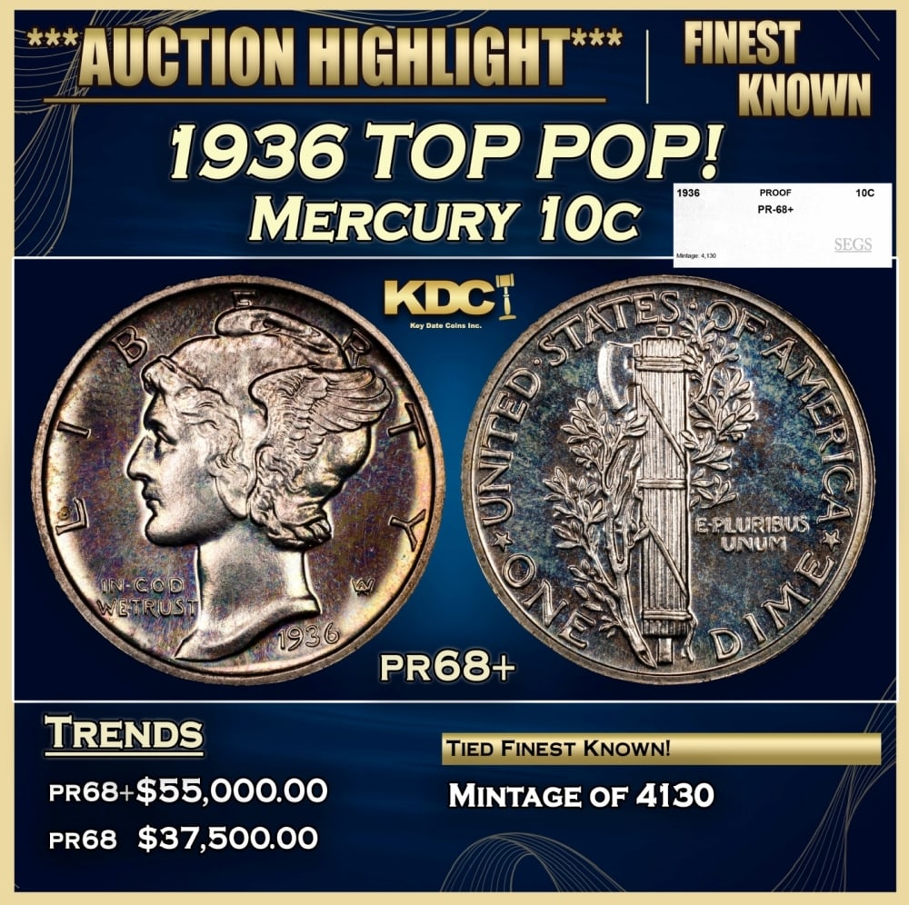 1936 Proof Mercury Dime TOP POP! 10c pr68+ SEGS: 1936 TOP POP! Mercury Dime 10c pr68+ SEGS. 0 Historic precious metal trends is causing increased spot pricing by the day. On auctions with set openings, we are doing our best to have items