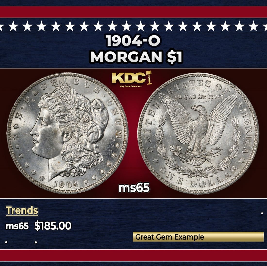1904-o Morgan Dollar $1 Grades ms65: 1904-o Morgan Dollar $1 Grades ms65. Historic precious metal trends is causing increased spot pricing by the day. On auctions with set openings, we are doing our best to have items priced at