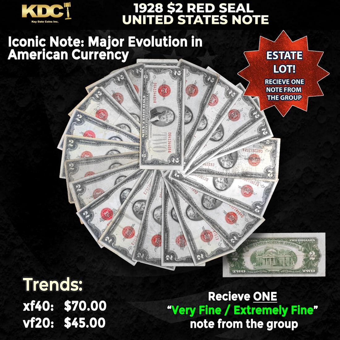 1x 1928 $2 Red Seal United States Note Grades VF/XF: 1x 1928 $2 Red Seal United States Note Grades VF/XF. Two dollar bills from the series of 1928 are called 1928 $2 legal tenders. All legal tenders have a red seal. 1928 was also the first