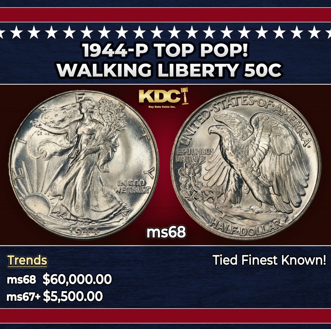 1944-p Walking Liberty Half Dollar TOP POP! 50c ms68 SEGS: 1944-p TOP POP! Walking Liberty Half Dollar 50c ms68 SEGS. Historic precious metal trends is causing increased spot pricing by the day. On auctions with set openings, we are doing our best to have ite