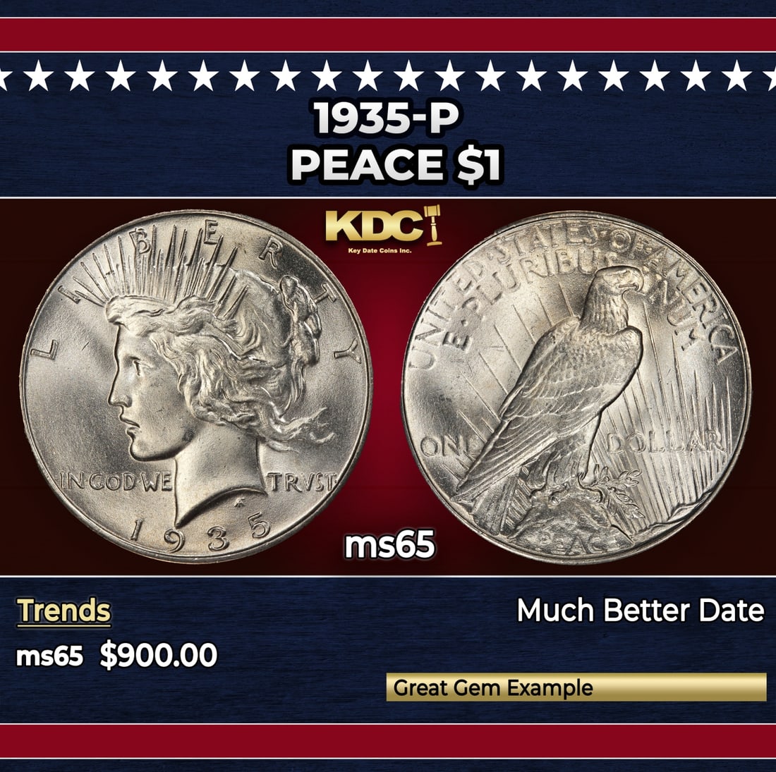 1935-p Peace Dollar $1 Grades ms65 (1 of 3)