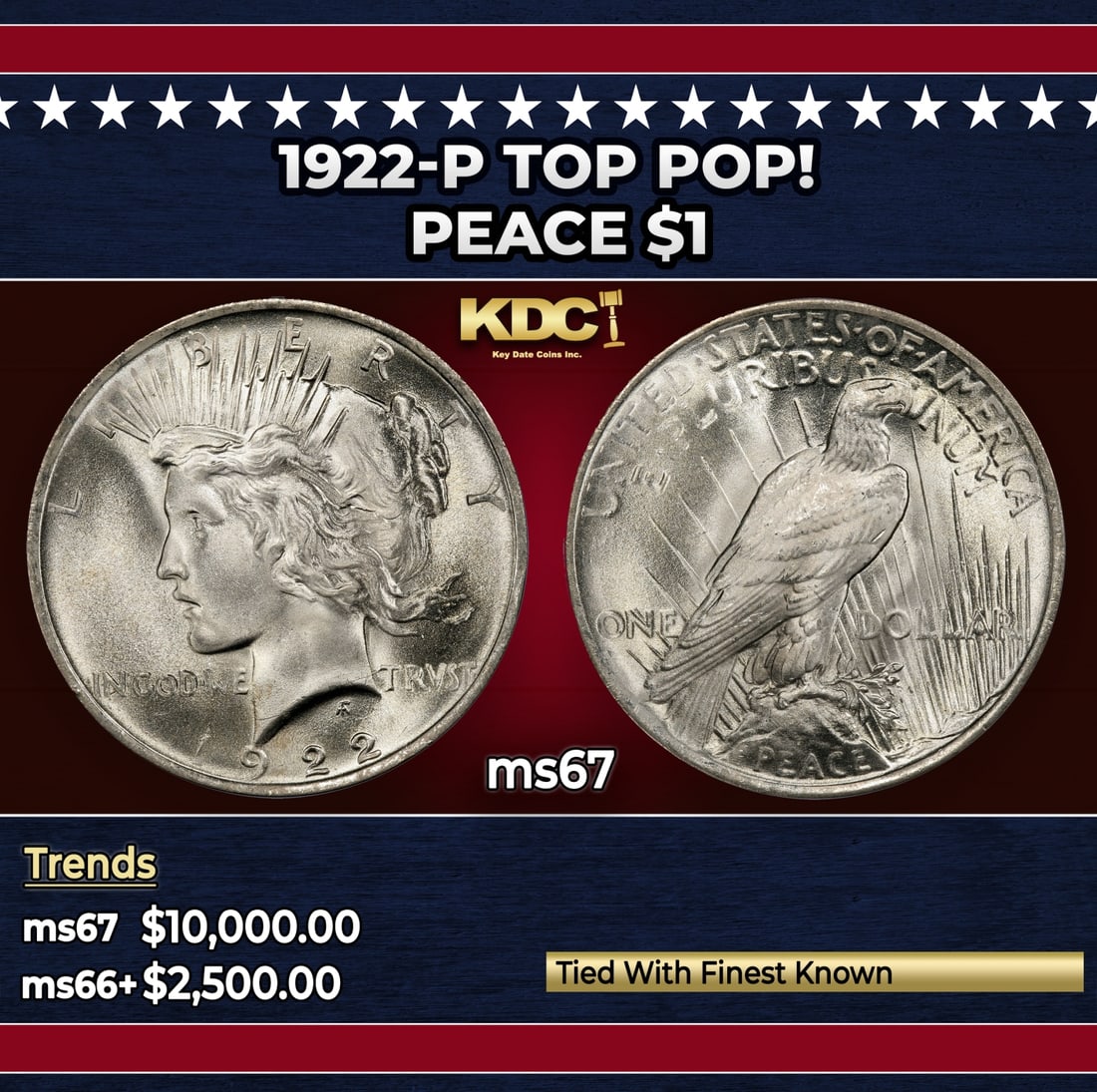 1922-p Peace Dollar TOP POP! $1 ms67 SEGS: 1922-p TOP POP! Peace Dollar $1 ms67 SEGS. Historic precious metal trends is causing increased spot pricing by the day. On auctions with set openings, we are doing our best to have items priced at the