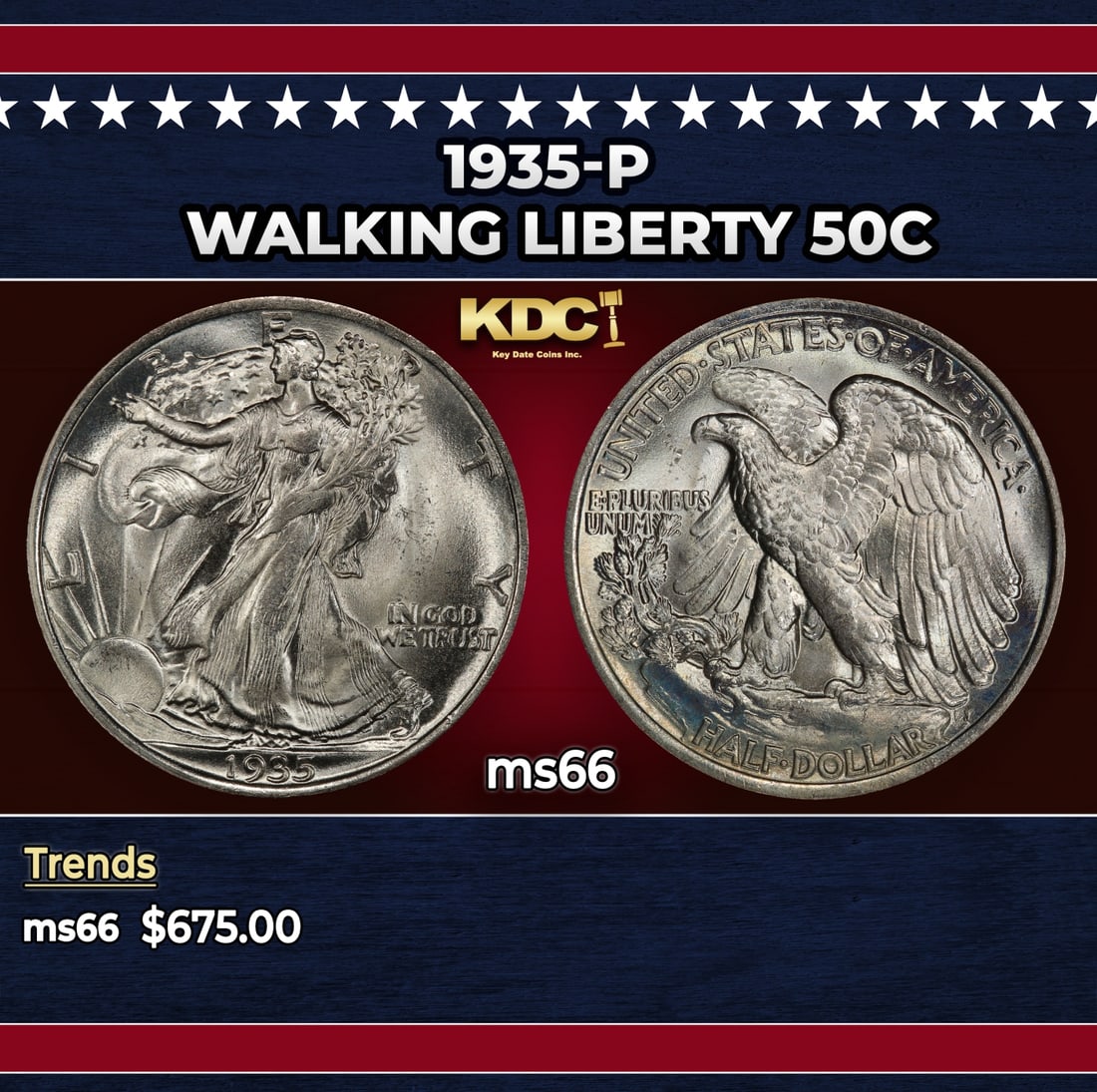 1935-p Walking Liberty Half Dollar 50c Grades ms66 (1 of 3)
