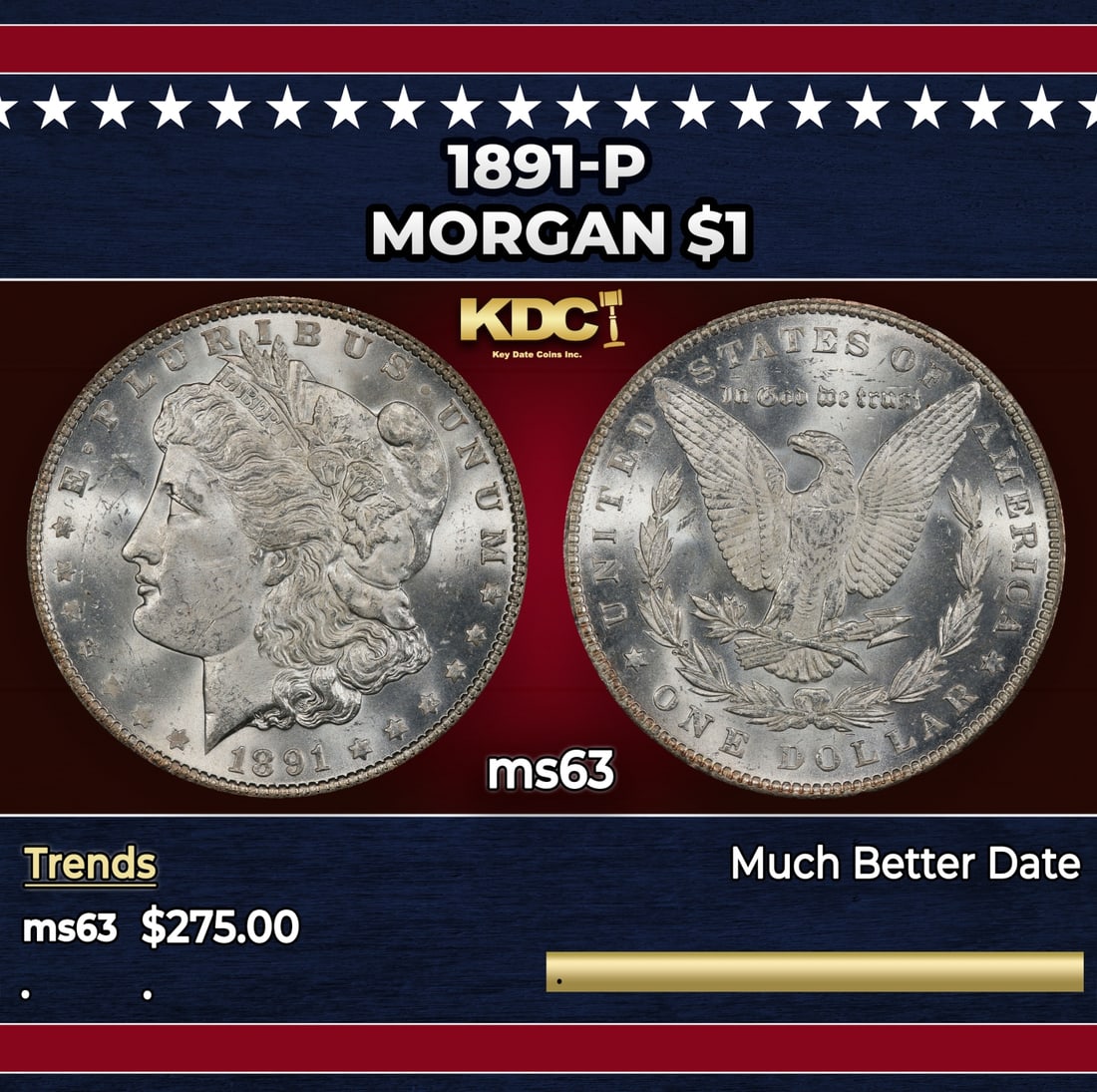 1891-p Morgan Dollar $1 Grades ms63: 1891-p Morgan Dollar $1 Grades ms63. Historic precious metal trends is causing increased spot pricing by the day. On auctions with set openings, we are doing our best to have items priced at their mar