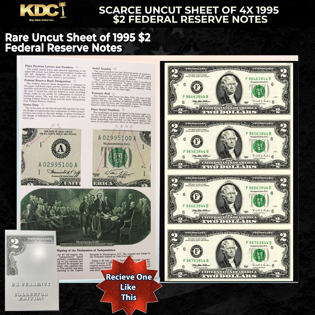 Scarce Uncut Sheet of 4x 1995 $2 Federal Reserve Notes In BeP Folder: Scarce Uncut Sheet of 4x 1995 $2 Federal Reserve Notes In BeP Folder. Historic precious metal trends is causing increased spot pricing by the day. On auctions with set openings, we are doing our best