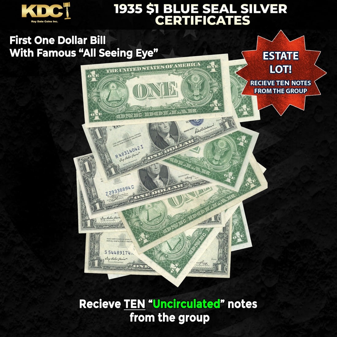 10x 1935 $1 Blue Seal Silver Certificates Grades CU: 10x 1935 $1 Blue Seal Silver Certificates Grades CU. Silver Certificates were redeemable in Silver. One of their most distinctive qualities is the blue Treasury seal and serial numbers. These