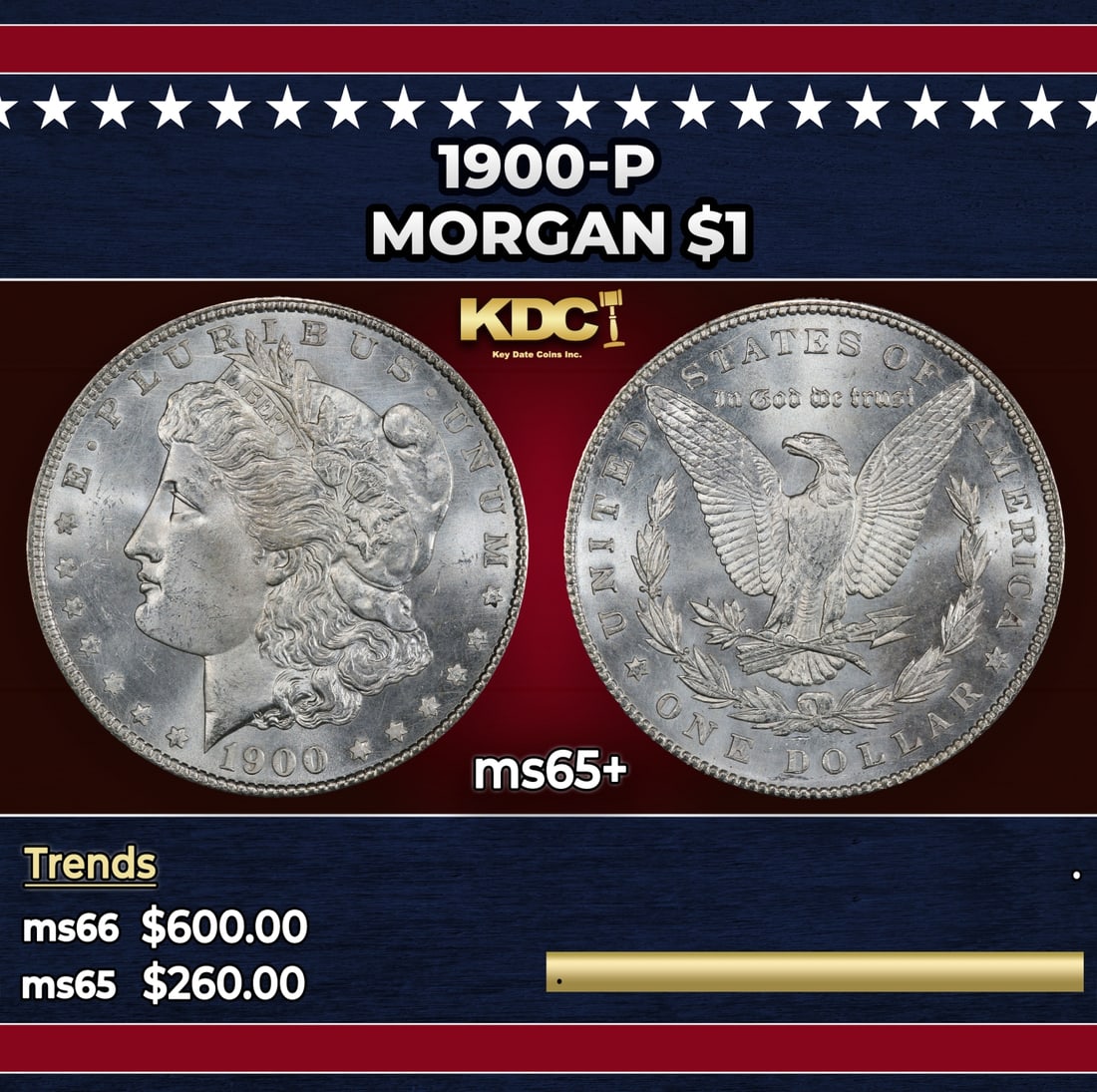 1900-p Morgan Dollar $1 Grades ms65+: 1900-p Morgan Dollar $1 Grades ms65+. Historic precious metal trends is causing increased spot pricing by the day. On auctions with set openings, we are doing our best to have items priced at their ma